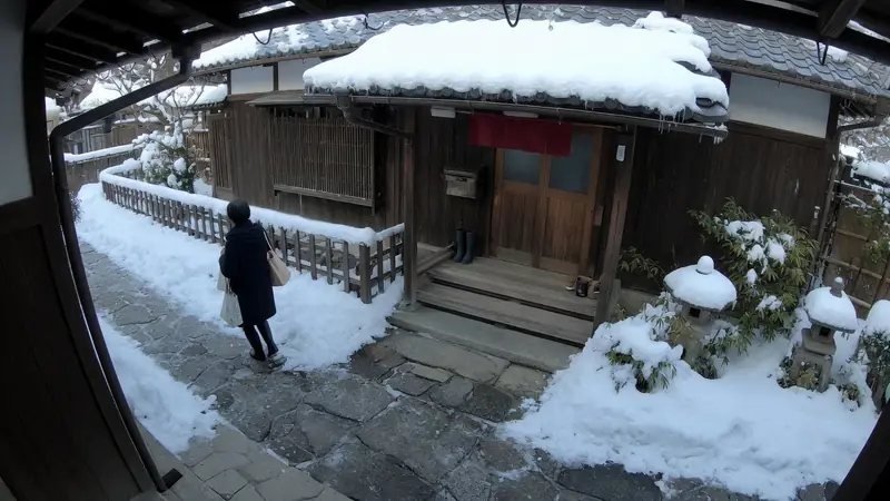 A security camera view of a person arriving at a house entrance